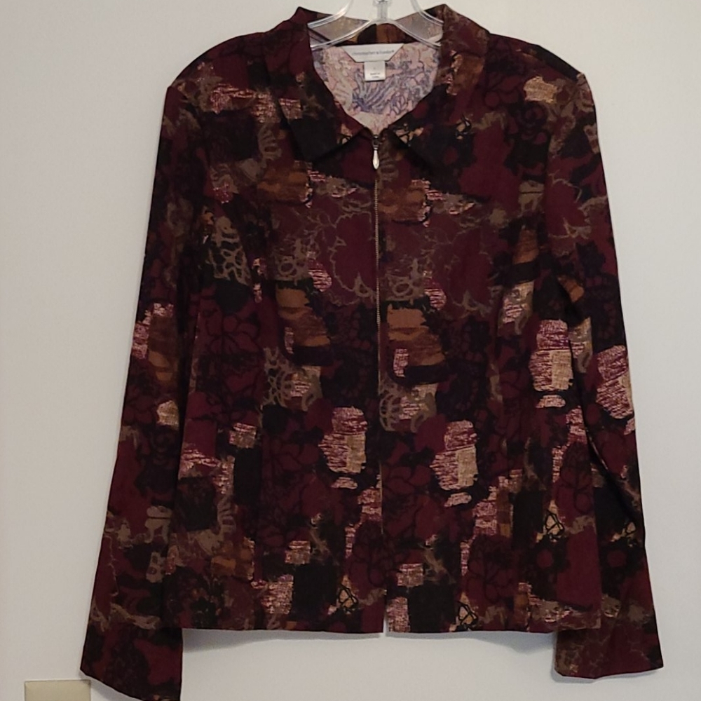 Christopher & Banks zippered blazer jacket burgundy, tan & black Sz L